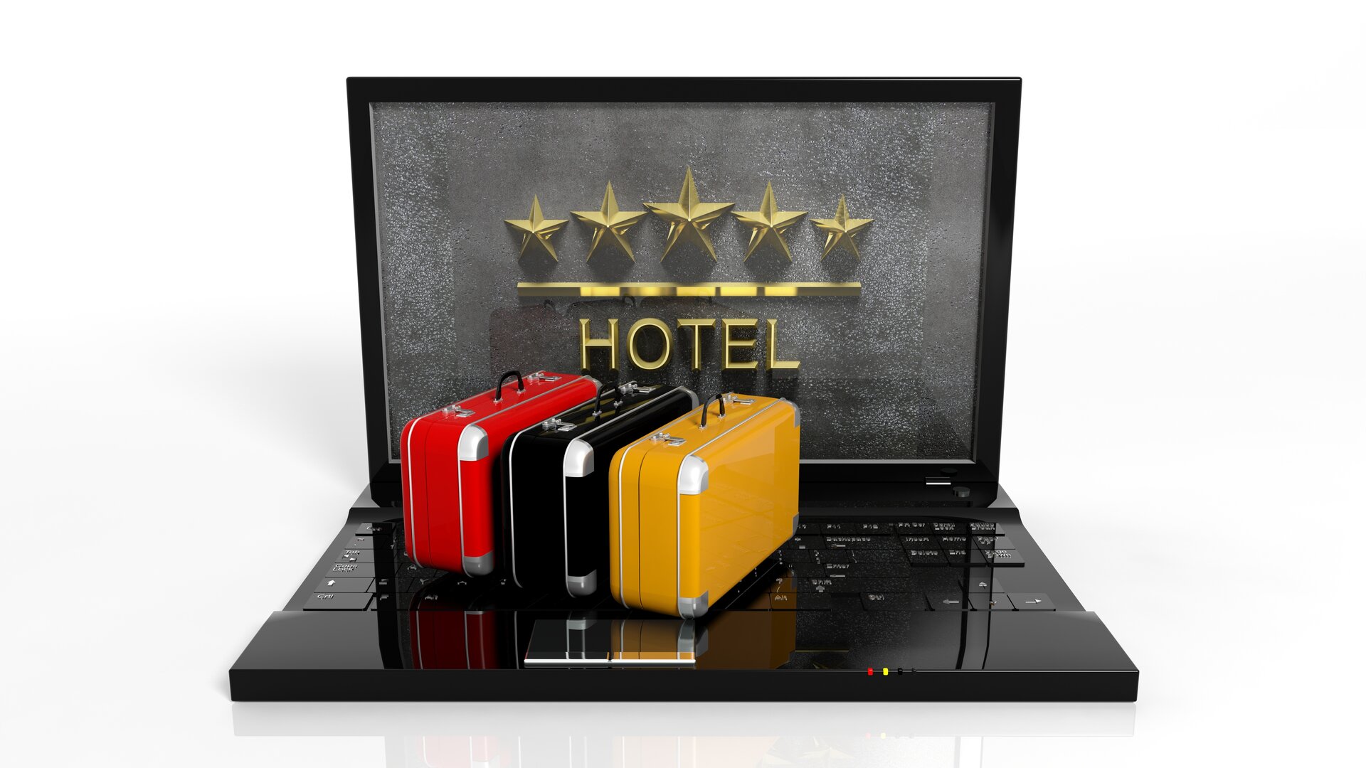 Malas de viagem sobre teclado de computador com ecrã a exibir 5 estrelas de hotel