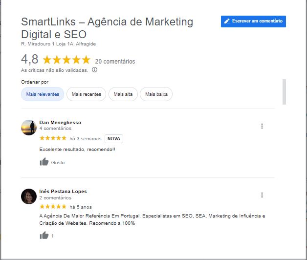 Reviews da SmartLinks no Google Business Profile